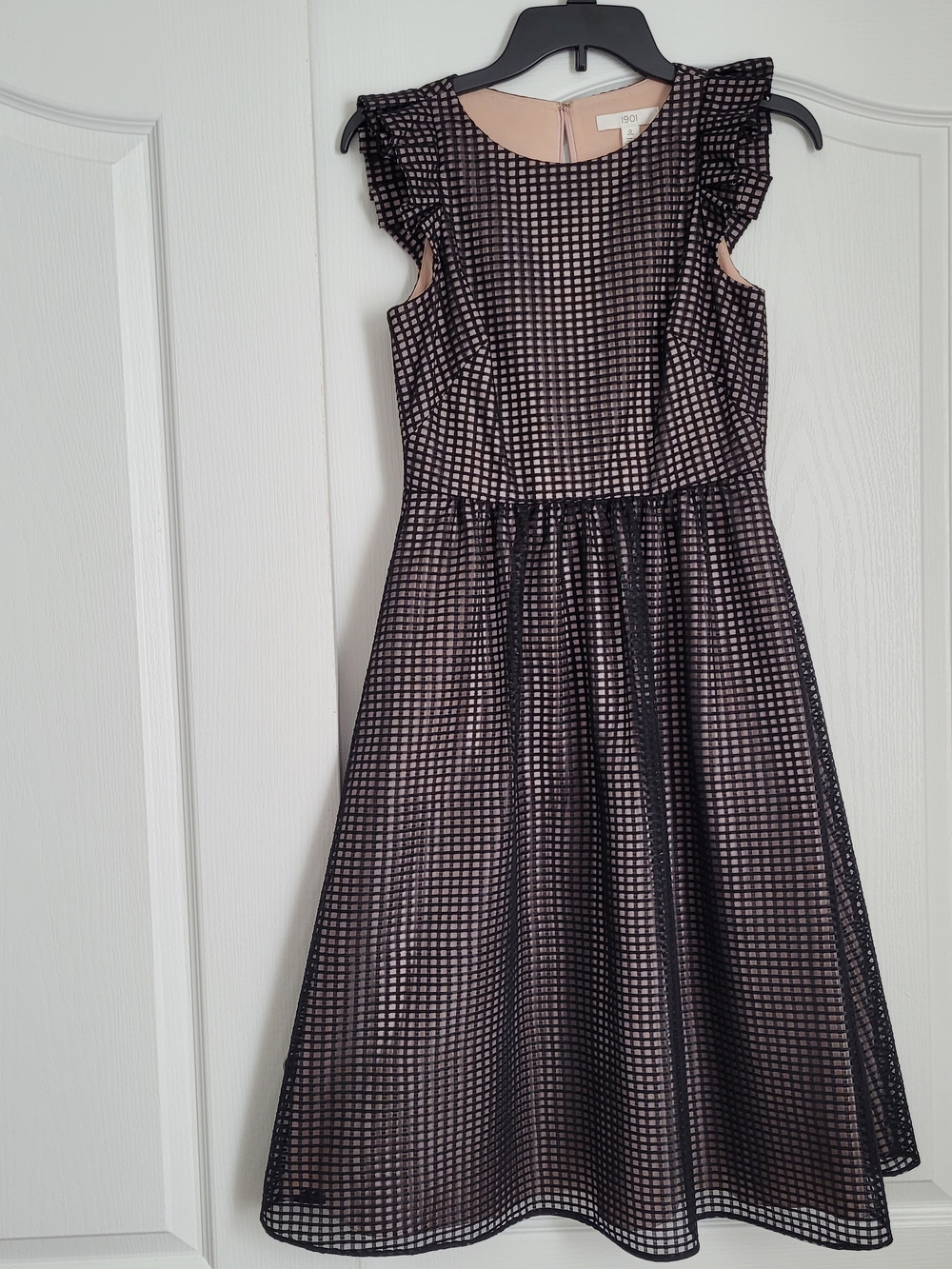 1901 Black Grid Dress with Lining and Flutter Sleeves